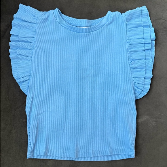 Zara Ribbed Blue Top with Ruffle Sleeves - Picture 1 of 2